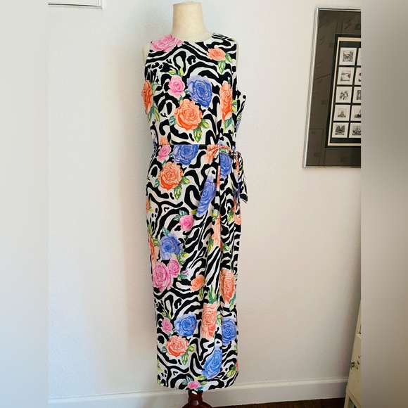 Dresses & Skirts - Vintage 90s Maxi Sleeveless Silk Black and White Colorful Floral Pattern Dress